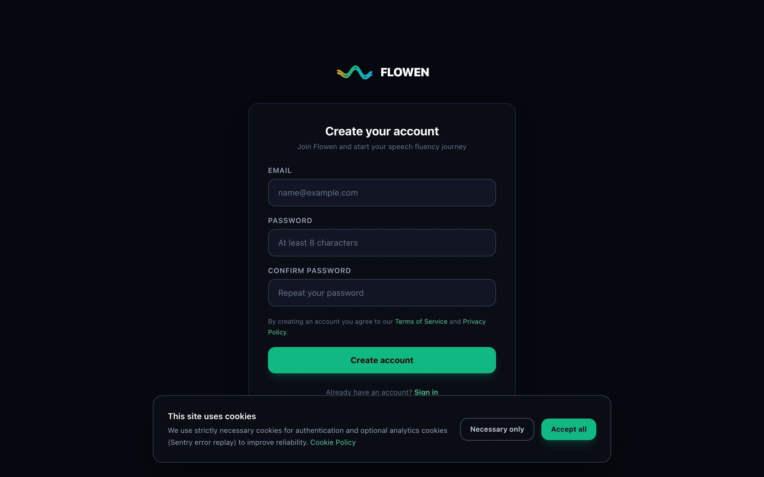 Flowen sign-up screen