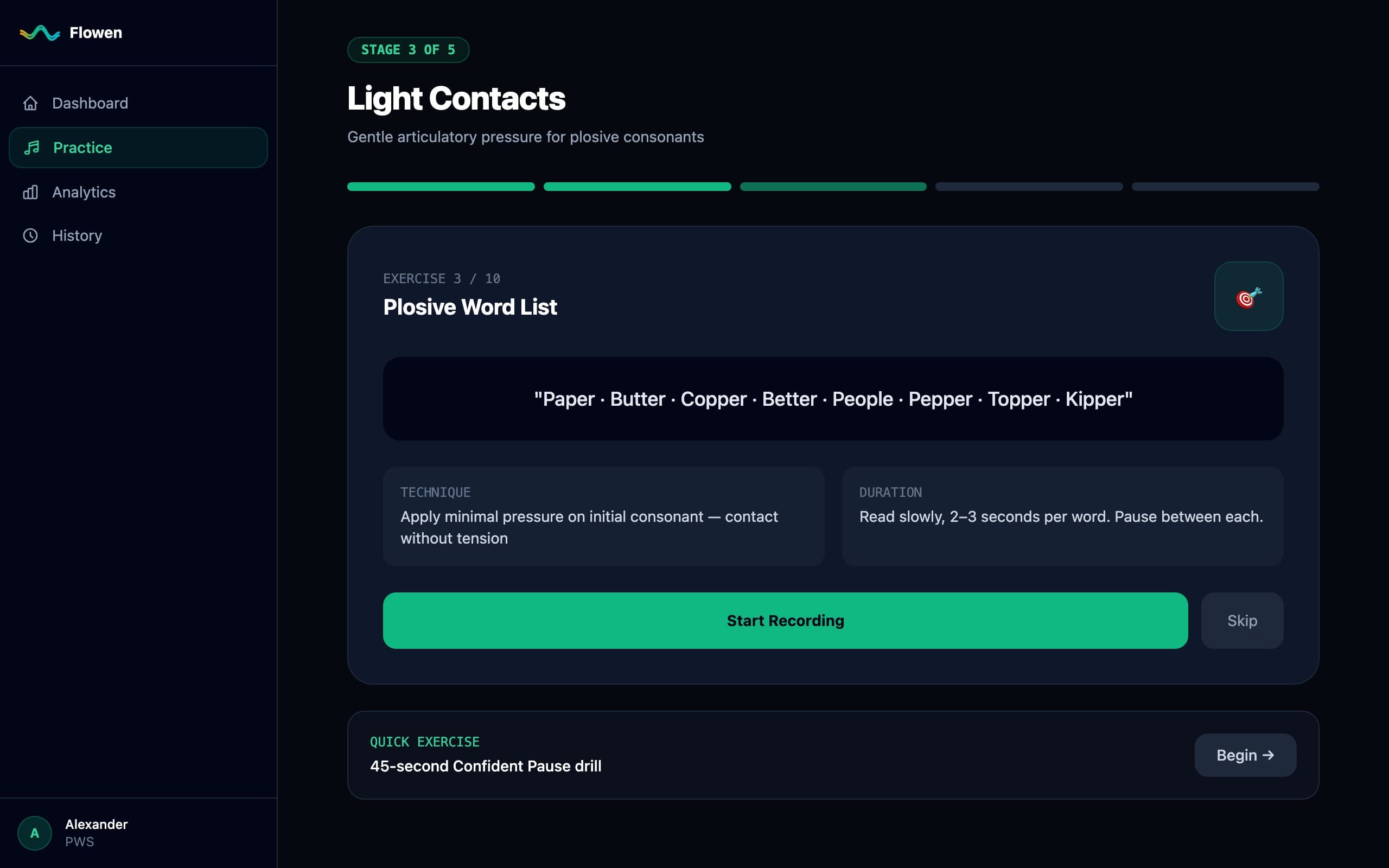 Flowen daily practice dashboard